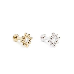 14K REAL Solid Gold Diamond Beaded Square Stud Helix Cartilage Conch Earring 16G