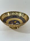 Vintage Decorative Brass Bowl Incense Jewelry Dish From India Inlay Blue Gold U4
