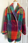 Donnybrook Colorful Rainbow Plaid Vintage Faux Fur Peacoat Size XS Oversized USA