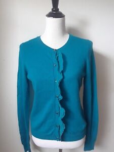 Small ANN TAYLOR 100% Cashmere Teal Blue L/S Cardigan Button Ruffel Sweater