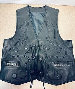 Men's Vintage Black Leather Vest elaborate Crocodile design on back