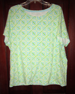 Talbots Woman Plus 2X Tee Shirt Top Blouse Stretch Knit Print Green Blue SS Soft