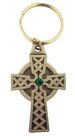 Pewter Celtic High Cross Medal with Green Accent Key Chain, 2 1/4 Inch