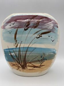 New ListingVtg Handpainted Ceramic Vase Oval Artist Signed Beach Theme Blue Mauve 90s