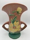 Vtg ROSEVILLE USA POTTERY Double Handle Peony Fan Vase 62-8” Pink Green Yellow