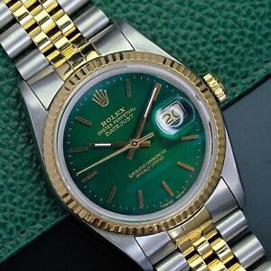 ROLEX MENS DATEJUST GREEN DIAL 18K YELLOW GOLD STAINLESS STEEL 36MM WATCH 16013