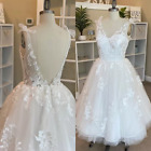 Short Ivory Wedding Dresses V Neck Lace Applique Bridal Gown Backless Tea Length