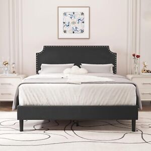 Modern Black Linen Upholstered Bed Frame Strong Weight Capacity