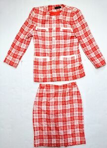 Vintage PSI Couture 2 Piece Skirt Suit Set Orange/White Plaid Size 10 Union Made