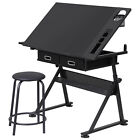 Drafting Desk Drawing Table 9 Levels Adjustable angle w/ Stool Arts Crafts Black