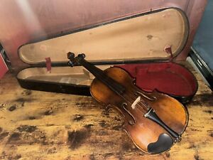 Fine Antique 4/4 Violin Fiddle 2-Piece Tiger Flame Back 1800s In Wooden Case