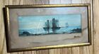“By Genoa ” Signed Antique Original Watercolor Painting Boats Rocky Coast Shore