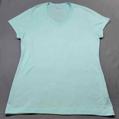 Champion Women Shirt Size L Blue Solid Classic Short Cap Sleeves V-Neck Tee Top