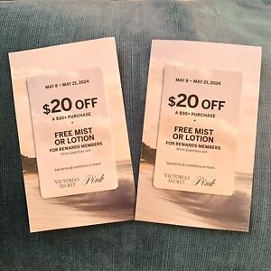 2 Victoria’s Secret $20 off $50 Reward Cards Discount Lingerie Beauty Pink code