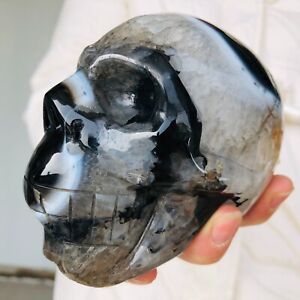 996g Natural Black Striped Agate Quartz Crystal Skull Carving Healing P301