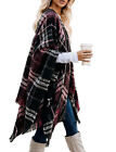 Women's Plaid Sweater Poncho Oversize Cape Coat Open Front Blanket Shawls Wraps