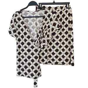 Isaac Mizrahi Live Wrap Top Flare Skirt Set Trefoil Pattern L Brown Tan Neutral