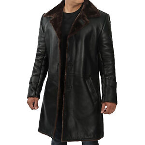 Mens Long Sheepskin Shearling Coat Genuine Leather Fur Long Black Trench Coat
