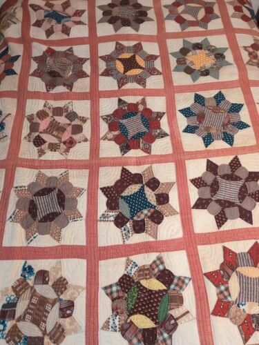 New ListingAntique American Patchwork Quilt Flower Star Hand Sewn Cotton as is Great Fabric