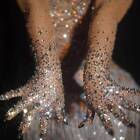 Crystal rhinestone-embellished mesh long hand gloves
