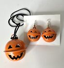 Necklace Earrings Jack O Lantern Halloween Pumpkin Jingle Bell Orange Metal Set