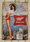 Miller Beer Pinup Girl Tin Poster Sign Bar Man Cave Vintage Ad Style Fishing