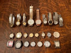 Lot Of 24 Old Vintage Watches(9) & Watch Dials(15) Various Makes Brands UNTESTED