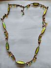 Vintage necklace copper tone metal yellow hologram amber glass signed Chicos