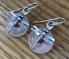 Vintage Sterling Silver Dragonfly Dangle Drop Earrings 1996 Handmade Rose Quartz