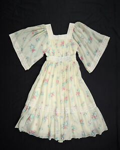 Vintage 70s Candi Jones US XS 0 2 (tag 9) Cream Floral Prairie Dress Cottagecore