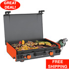 Portable 2-Burner Propane Camping Griddle W/ Latching Hood &Handle Barbecue BBQ