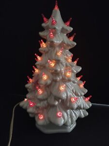 Vintage Ceramic Christmas Tree Light Up White Pearl Opalescent Pink 1970