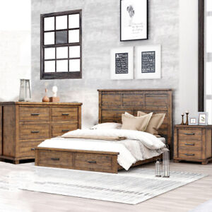Queen Size Bedroom Sets Solid Wood Platform Bed Frames Nightstands Chest Dresser