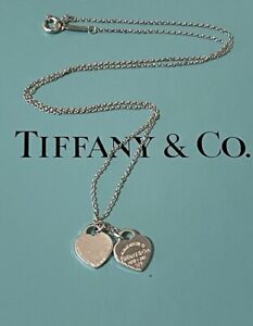 TIFFANY & Co. Return to Mini Double Heart Pendant Necklace, Vintage Tiffany 16”