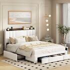 New ListingQueen Size PU Bed with 3 Storage Drawers and Charging Station,Upholstered NEW US
