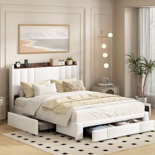Queen Size PU Bed with 3 Storage Drawers and Charging Station,Upholstered White
