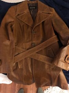 Guess Womens Brown Corinthian Leather 3/4 Length Trench Coat Battle Tested