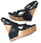 Sky High Cork Sandals 7 Leather Python Shoes BCBG Strap Buckle Wedge Heel Black