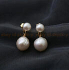 11-12mm White Natural South Sea Baroque Edison Double Pearl Dangle Stud Earrings