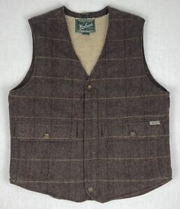 Woolrich Wood Herringbone Check Zip Up Vest Brown Sherpa Lined Men’s Size M VGC