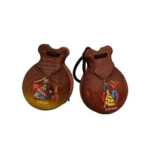 Vtg Hand Painted Wooden Castanets Instruments Clappers Matador Flamenco Espana