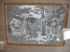 Vtg handcolored etching print Hunt Scene Dogs Birds Hunters Forest Country cabin