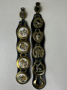 Registered Design BB Horse Brass Medallion On Leather Strap w/ Porcelain Inserts