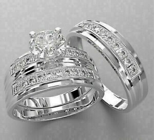 His/ Her Round Lab Created Diamond Trio Wedding Ring Set 14K White Gold Plated