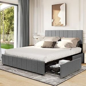 King Size Bed Frame Upholstered Platform w/ Storage Drawer+Adjustable Headboard