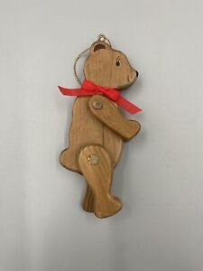 Vintage Wooden Jointed Teddy Bear W/ Red Ribbon Bow Figure Ornament Decor 5.5”