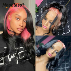Lei Front Human Hair Wig Pink Wave HD Transparent Lace Front Wig