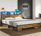 LED Full Size Bed Frame with Headboard Stoarge, Platform Bed Frame with Outlets