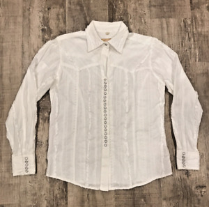 Scully Western Shirt Womens Medium White Multiple Pearl Snaps Ruffle Pintuck