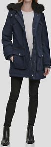 DKNY Sz S Faux Fur Hooded Anorak Black Water Resistant Parka Jacket Coat NEW!